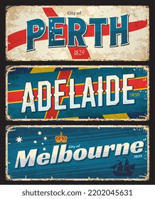 Perth, Adelaide, Melbourne, Australian city travel plates and stickers, vector luggage tags or tin signs. Australia cities travel plates with landmarks, flags and symbols on grunge plaque banners