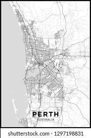 Perth (Australia) city map. Black and white poster with map of Perth. Scheme of streets and roads of Perth.