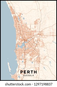 Perth (Australia) city map. Poster with map of Perth in color. Scheme of streets and roads of Perth.