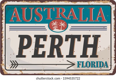 Perth Australia Retro vector illustration. Travel souvenir on old grunge damaged background.