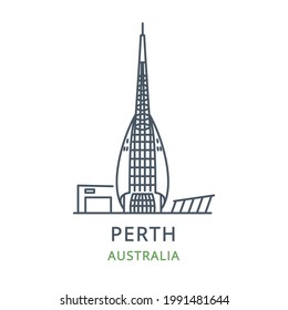 Perth city, Australia. Line icon of the famous and largest city in Western Australia. Outline icon for web, mobile, and infographics. Landmark and famous building. Vector illustration, white isolated