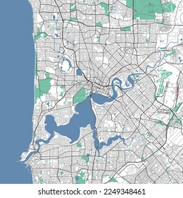 Perth map. Detailed map of Perth city administrative area. Cityscape panorama. Royalty free vector illustration. Outline map with highways, streets, rivers. Tourist decorative street map.