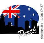 Perth, the silhouette of the city with the flag of Australia