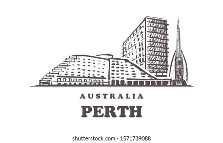 Perth sketch skyline. Australia, Perth hand drawn vector illustration. Isolated on white background. 