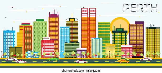 Perth Skyline with Color Buildings and Blue Sky. Vector Illustration. Business Travel and Tourism Concept. Image for Presentation Banner Placard and Web Site.