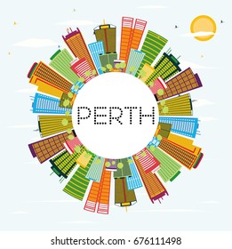 Perth Skyline with Color Buildings, Blue Sky and Copy Space. Vector Illustration. Business Travel and Tourism Concept. Image for Presentation Banner Placard and Web Site.