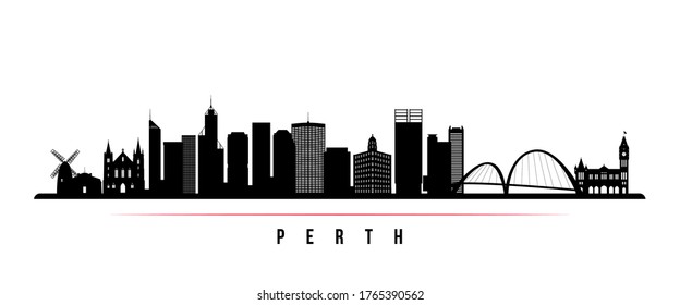 Perth skyline horizontal banner. Black and white silhouette of Perth, Australia. Vector template for your design. 