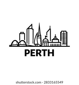 Perth skyline icon combining an arched bridge, modern skyscrapers, pointed towers and a domed civic building above a clear Perth label