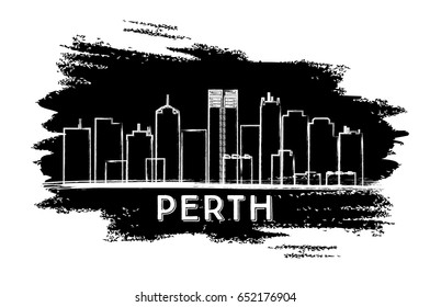 Perth Skyline Silhouette. Esbozo dibujado a mano. Ilustración vectorial. Concepto de viajes de negocios y turismo con arquitectura histórica. Imagen para Presentación Placard Banner y Sitio Web.