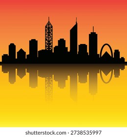 Perth Skyline Silhouette with Reflection – Vibrant Sunset Gradient Cityscape. Vibrant sunset Perth skyline silhouette with mirrored reflection and bold modern cityscape design. A striking silhouette illustration of the Perth skyline set against a vivid red‑to‑yellow sunset gradient, complete with a mirrored reflection that evokes the Swan River. The composition features stylized high‑rise buildings, landmark‑inspired architectural forms and a bold contrast between the dark skyline and the glowing background. This modern Perth cityscape is ideal for travel‑themed artwork, posters, branding materials, souvenirs, digital graphics and any creative project highlighting Western Australia’s iconic urban identity. 