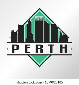 Perth WA, Australia Skyline Logo. Adventure Landscape Design Vector City Illustration.