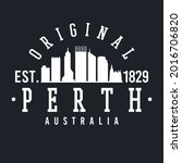 Perth WA, Australia Skyline Original. A Logotype Sports College and University Style. Illustration Design Vector City.