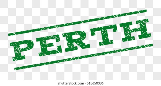 Perth watermark stamp. Text caption between parallel lines with grunge design style. Rubber seal stamp with scratched texture. Vector green color ink imprint on a chess transparent background.
