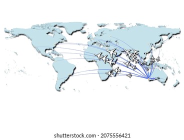 Perth-Australia in concept vector illustration, map showing flights from Perth-Australia to major cities around the world.