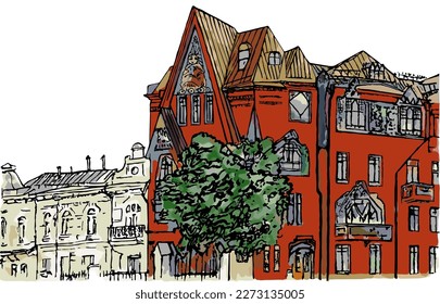 Pertsova House or the House with Chimeras, "Fairy Tale House", a landmark building in the neo-Russian style built in 1907 in the center of Moscow. Watercolor drawing, 32 colors and black outline