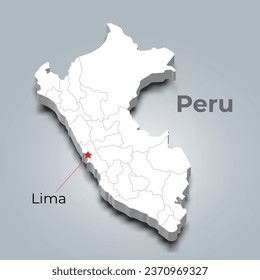 Peru 3d map with borders of regions and it’s capital