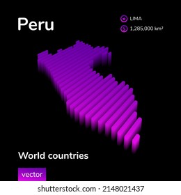 Peru 3D map. Stylized neon simple digital isometric striped vector Map of Peru is in violet colors on black background. Educational banner