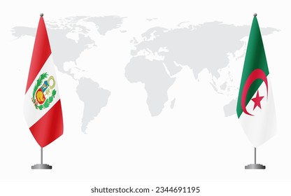 Peru and Algeria flags for official meeting against background of world map.