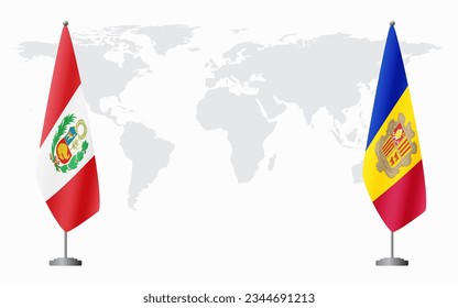 Peru and Andorra flags for official meeting against background of world map.