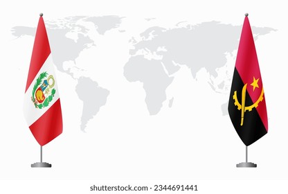 Peru and Angola flags for official meeting against background of world map.