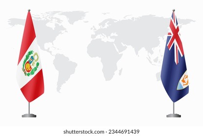 Peru and Anguilla flags for official meeting against background of world map.