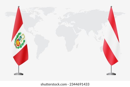 Peru and Austria flags for official meeting against background of world map.
