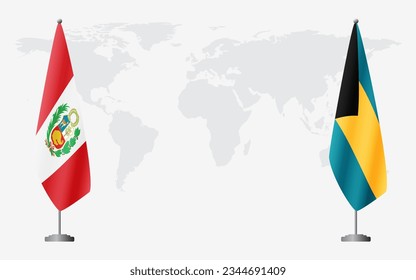 Peru and Bahamas flags for official meeting against background of world map.