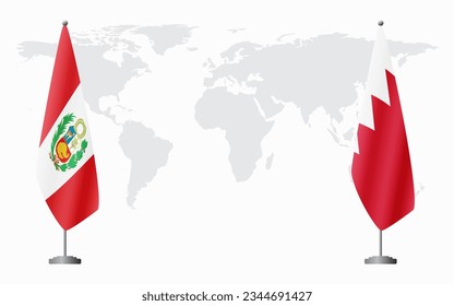 Peru and Bahrain flags for official meeting against background of world map.