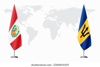 Peru and Barbados flags for official meeting against background of world map.