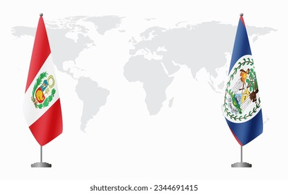Peru and Belize flags for official meeting against background of world map.