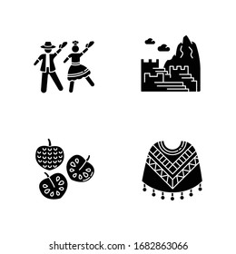 Peru black glyph icons set on white space. Mixture of Spanish and Native American traditions. Marinera, Machu Picchu, cherimoya, poncho. Silhouette symbols. Vector isolated illustration