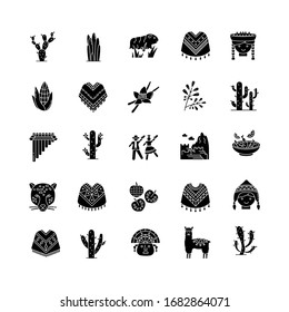 Peru black glyph icons set on white space. Andean country sights, traditions, cuisine, agriculture, animals. Alpaca, ceviche, jaguar, incas, marinera. Silhouette symbols. Vector isolated illustration