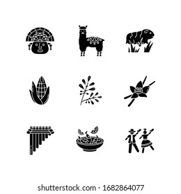 Peru black glyph icons set on white space. Hispanic history, traditions, cuisine. Incas, alpaca, guinea pig, corn, coca, vanilla, ceviche, marinera. Silhouette symbols. Vector isolated illustration