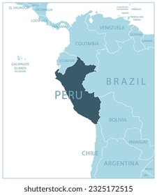 Peru - blue map with neighboring countries and names. Vector illustration