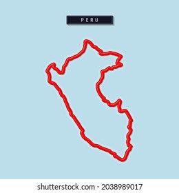 Peru bold outline map. Glossy red border with soft shadow. Country name plate. Vector illustration.