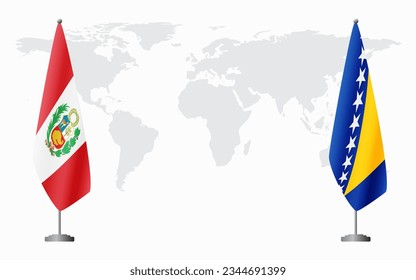 Peru and Bosnia and Herzegovina flags for official meeting against background of world map.
