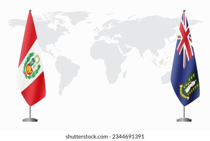 Peru and British Virgin Islands flags for official meeting against background of world map.