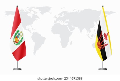 Peru and Brunei flags for official meeting against background of world map.