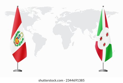 Peru and Burundi flags for official meeting against background of world map.