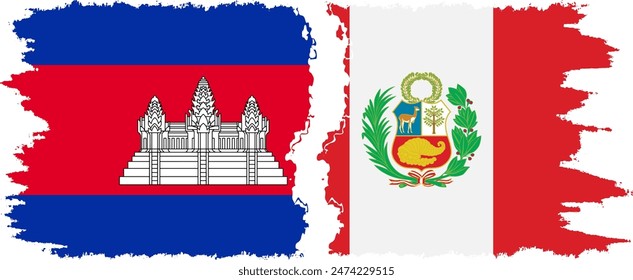 Peru and Cambodia grunge flags connection, vector