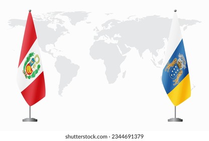 Peru and Canary Islands flags for official meeting against background of world map.