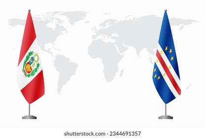 Peru and Cape Verde flags for official meeting against background of world map.