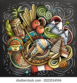 Peru cartoon vector doodle chalkboard illustration. Colorful detailed composition with lot of Peruvian objects and symbols.