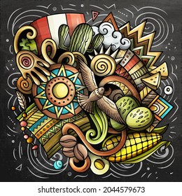 Peru cartoon vector doodle chalkboard illustration. Colorful detailed composition with lot of Peruvian objects and symbols.