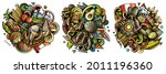 Peru cartoon vector doodle designs set. Colorful detailed compositions with lot of Peruvian objects and symbols. Isolated on white illustrations