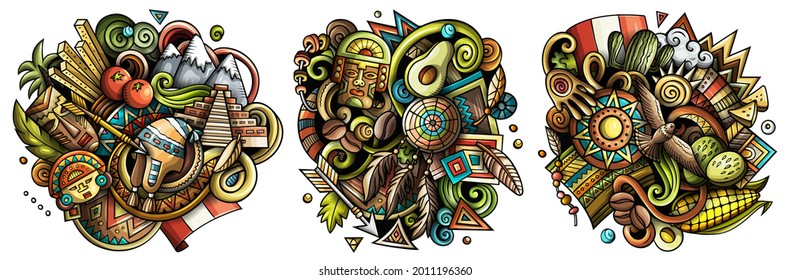Peru cartoon vector doodle designs set. Colorful detailed compositions with lot of Peruvian objects and symbols. Isolated on white illustrations