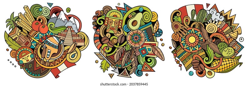 Peru cartoon vector doodle designs set. Colorful detailed compositions with lot of Peruvian objects and symbols. Isolated on white illustrations