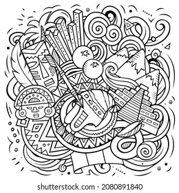 Peru cartoon vector doodle illustration. Sketchy detailed composition with lot of Peruvian objects and symbols.