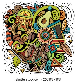 Dibujo del doodle vectorial de Perú. Colorida composición detallada con muchos objetos y símbolos peruanos.