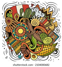 Peru cartoon vector doodle illustration. Colorful detailed composition with lot of Peruvian objects and symbols.